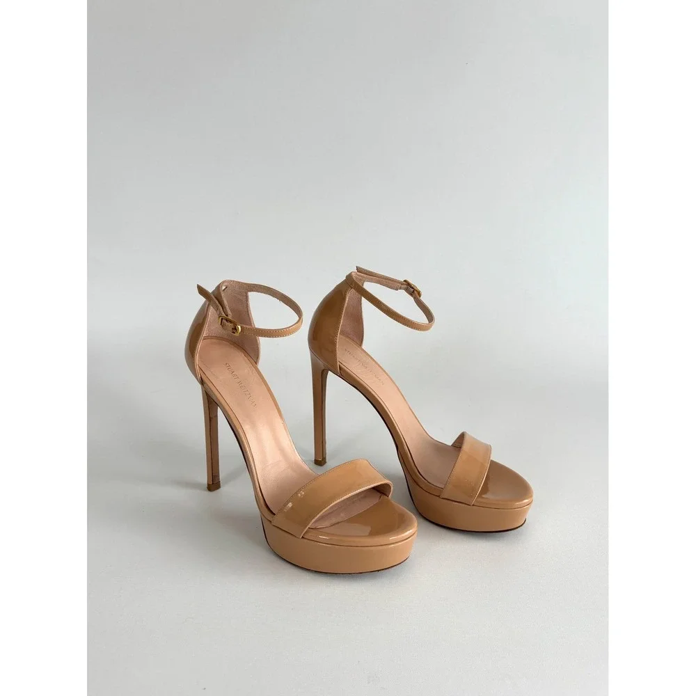 Stuart Weitzman Nude Patent Leather Platform Ankle Strap Sandals Heels Size 7.5
